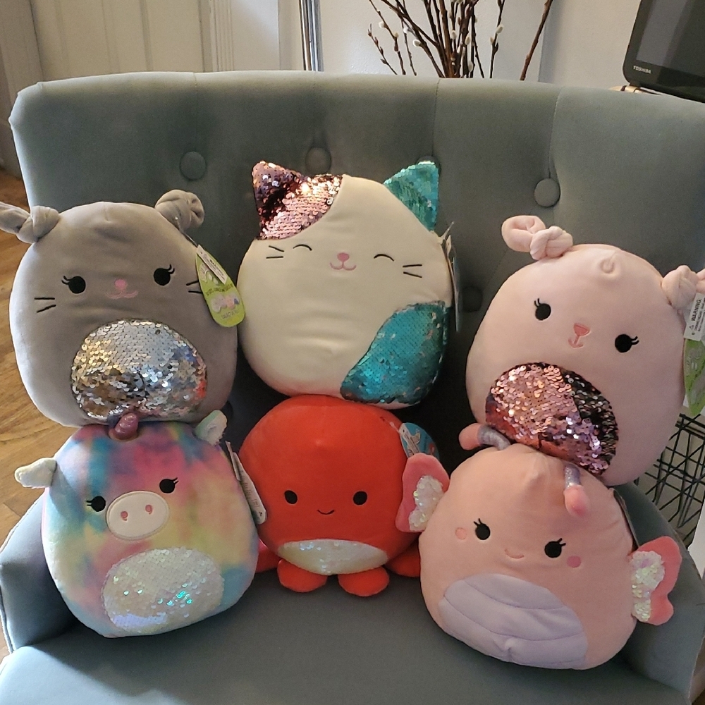 6..8" Squishmallows Sequins Bunny, Octopus, Unicorn, Cat & Butterfly